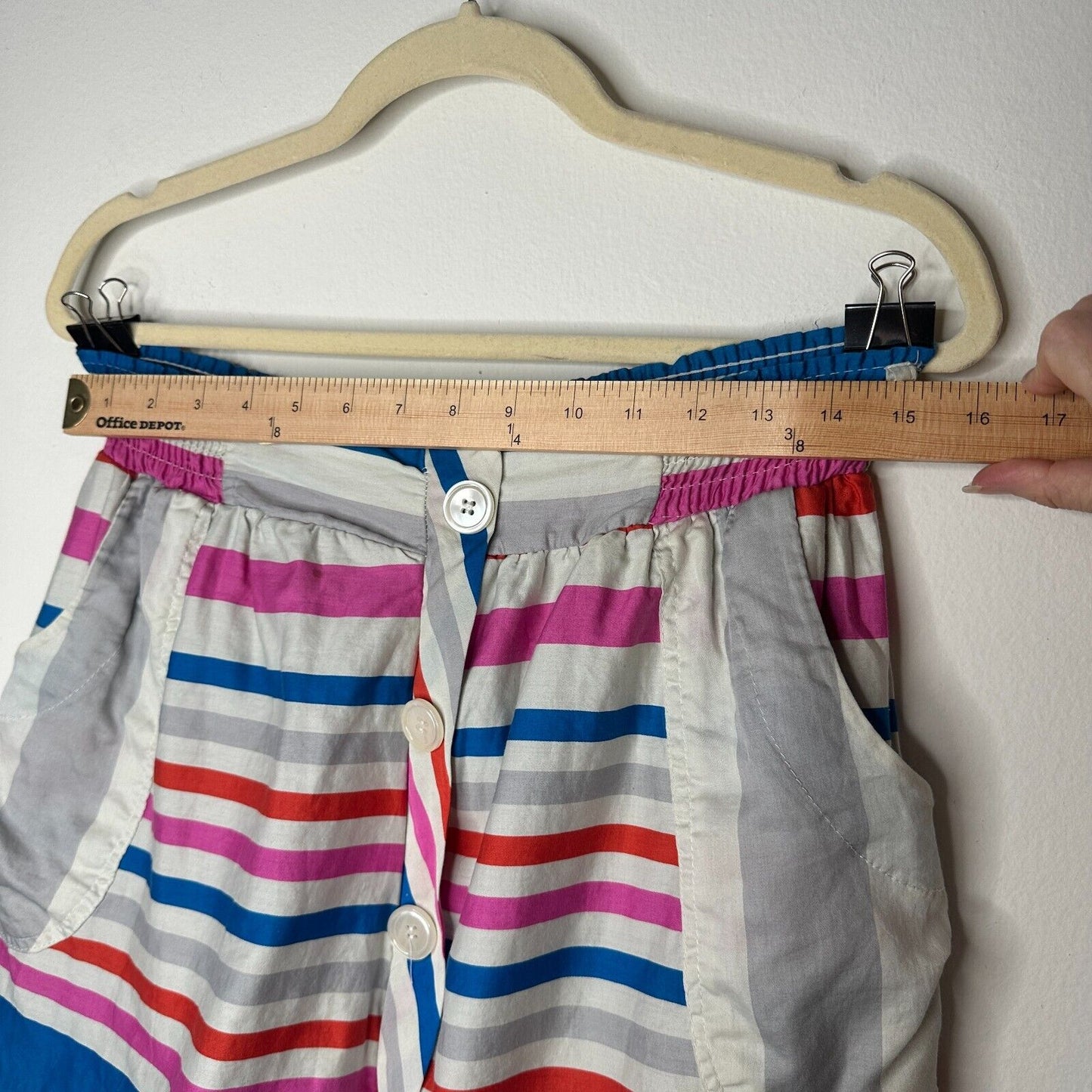 Nautical Blue Pink White Gray Stripe Button Front Patch Pockets Mini Skirt Small
