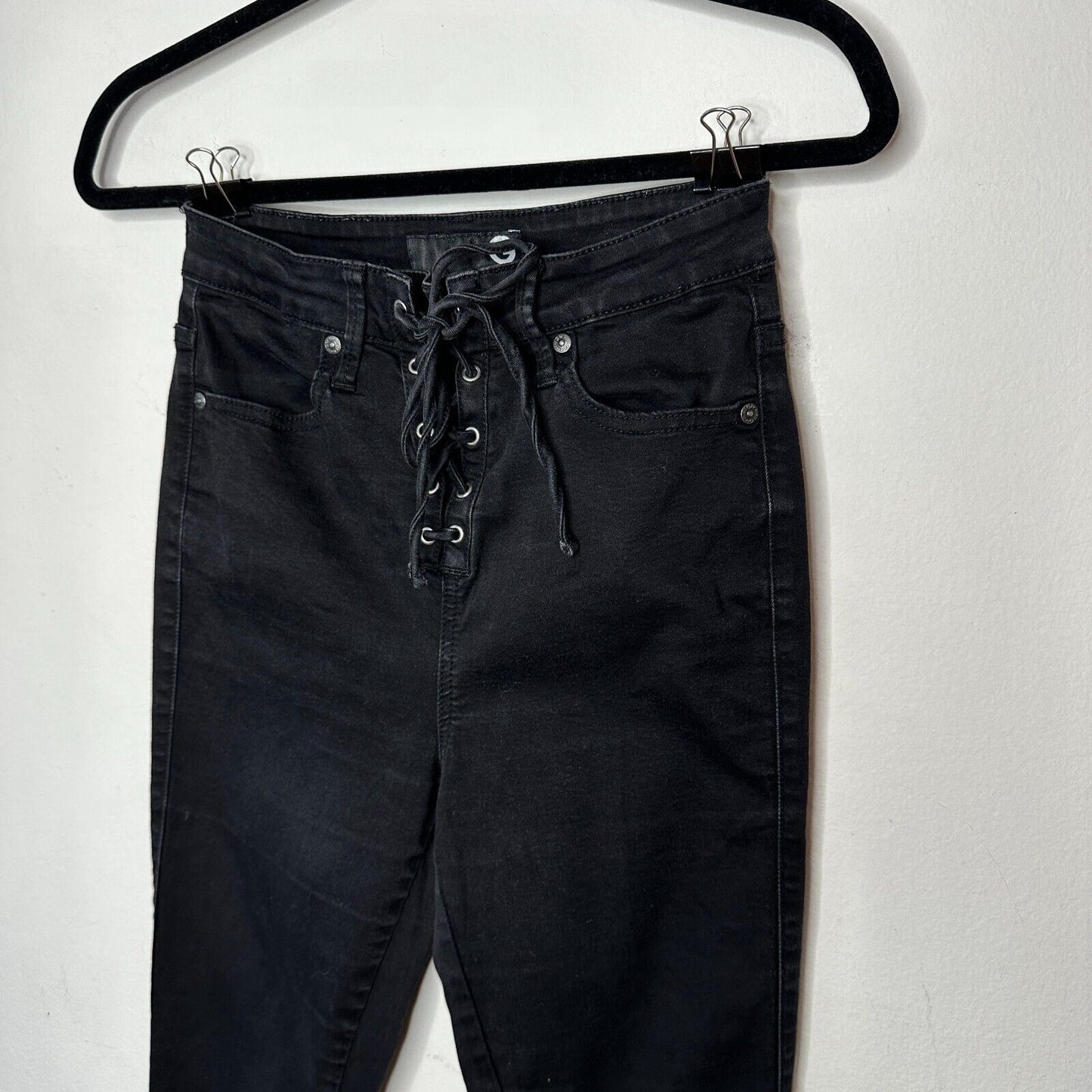G By Guess Edgy Stone Black Lace-Up Front High Waist Stretch Skinny Jeans 28