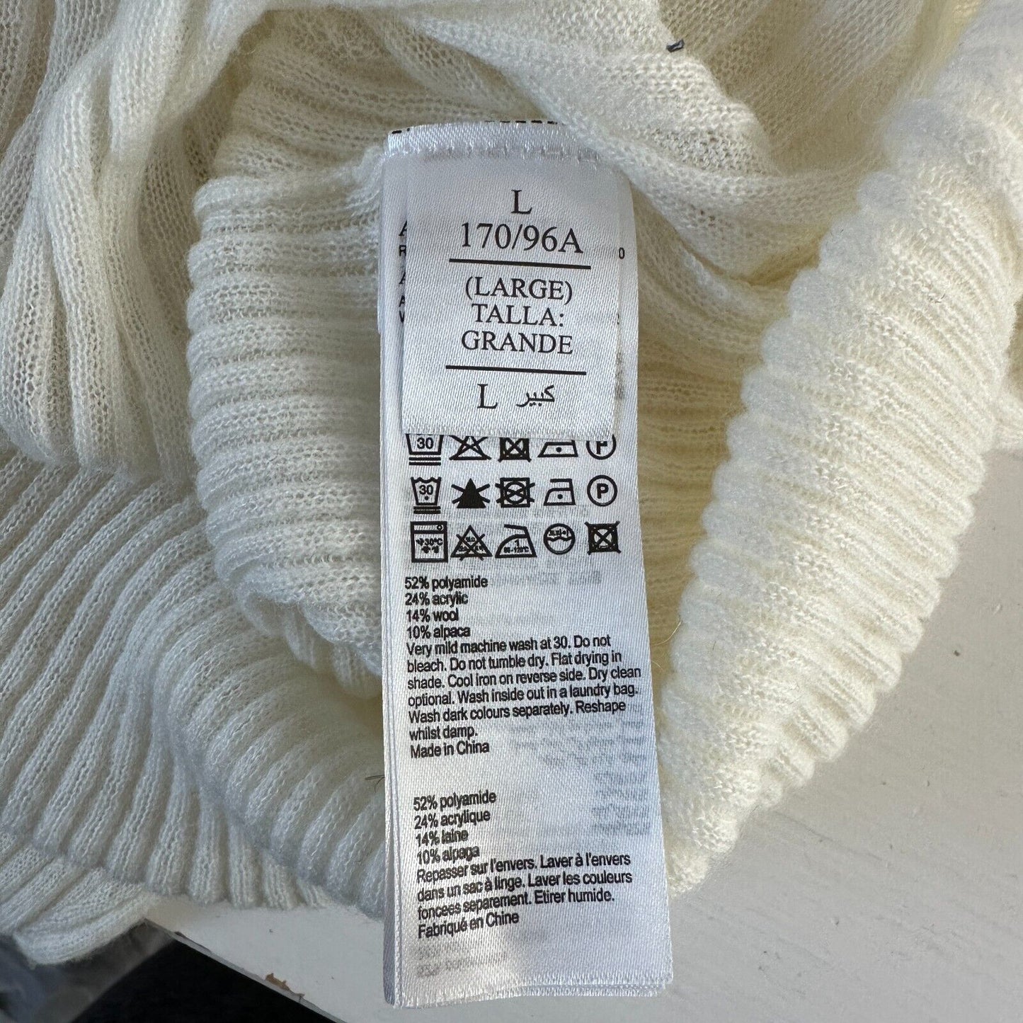 Allsaints Cream Ribbed Design Long Sleeve Round Neck Thin Light Sweater L