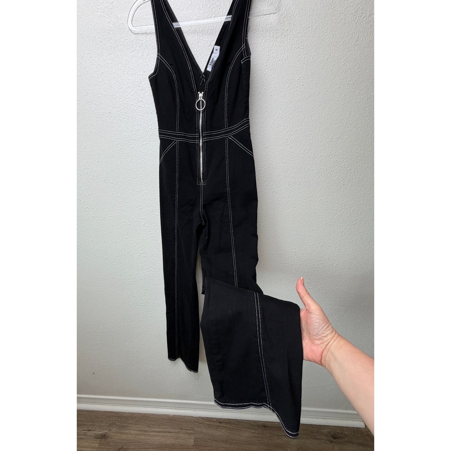 Tiger Mist Black Contrast Stitch Front Zip Wide Leg Jumpsuit Size S