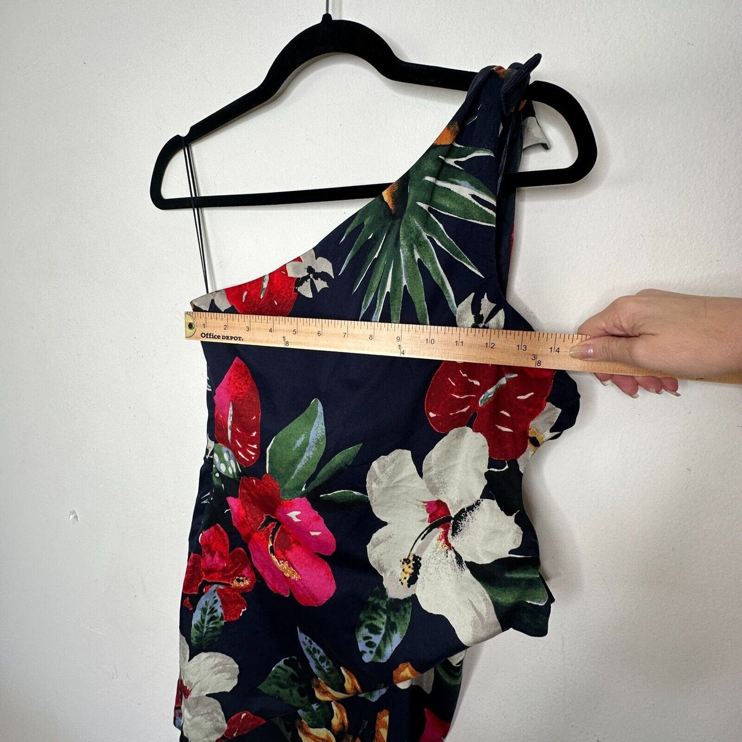 Zara Navy Red White Floral 3 Side Tie One Shoulder Mini Dress Side Zip Medium
