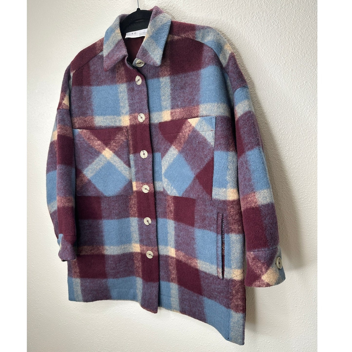IRO Backpaip Mixed Blue & Burgundy Plaid Long Sleeve Wool Blend Coat L