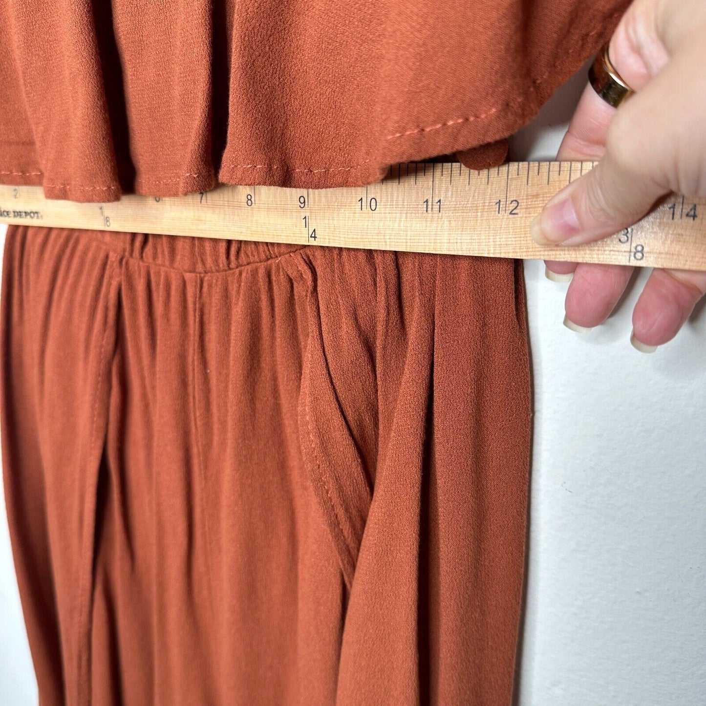 Angl Rust Bronze Brown Bandeau Ruffle Off-Shoulder Harem Slit Pant Jumpsuit SM