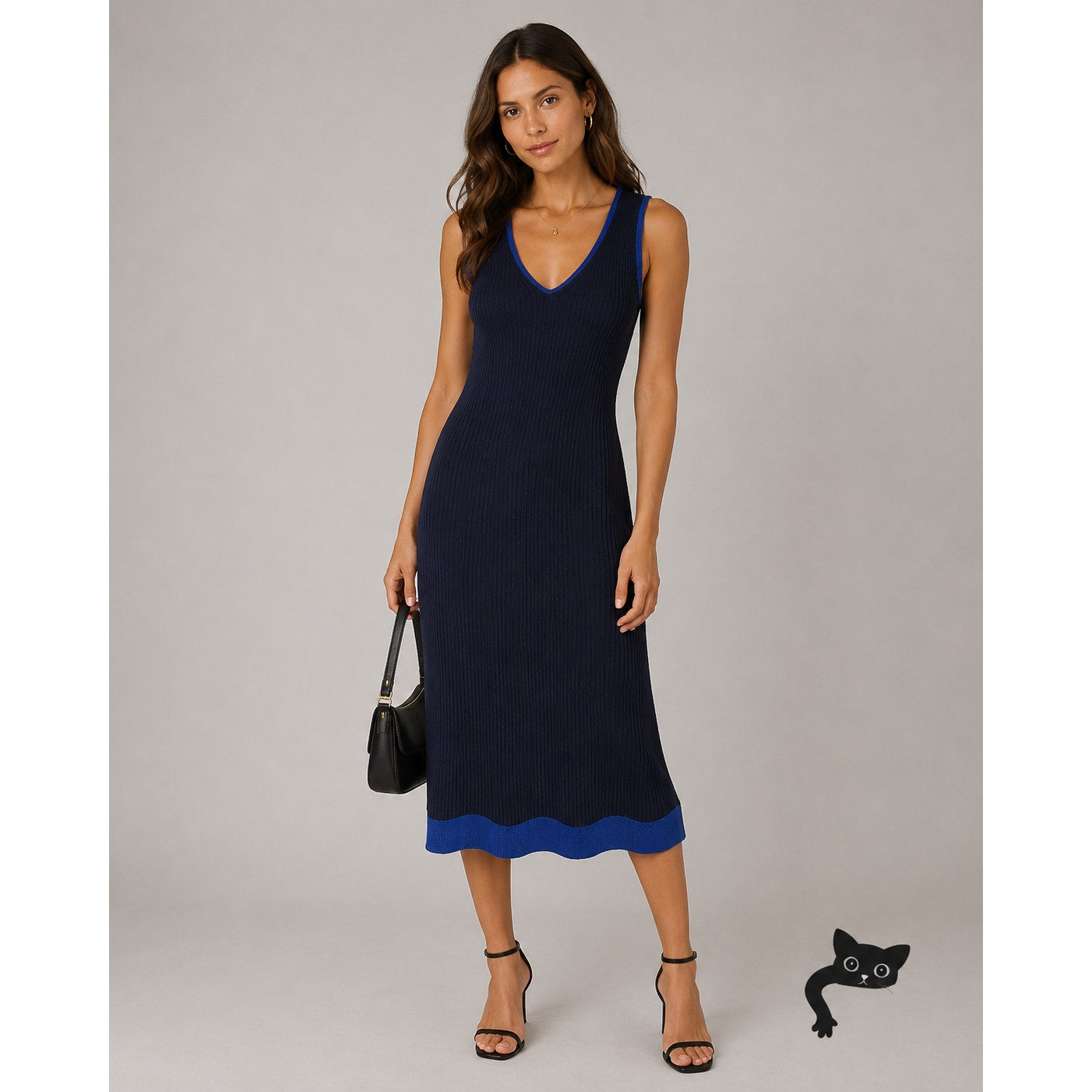 rag & bone Navy Blue Cora Ribbed Double Knit V-Neck Sleeveless Midi Dress XS