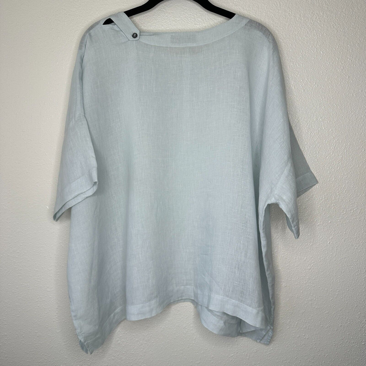 Eskandar Light Blue Boxy Linen Short Sleeve Front Pocket Round Neck Blouse Top 6