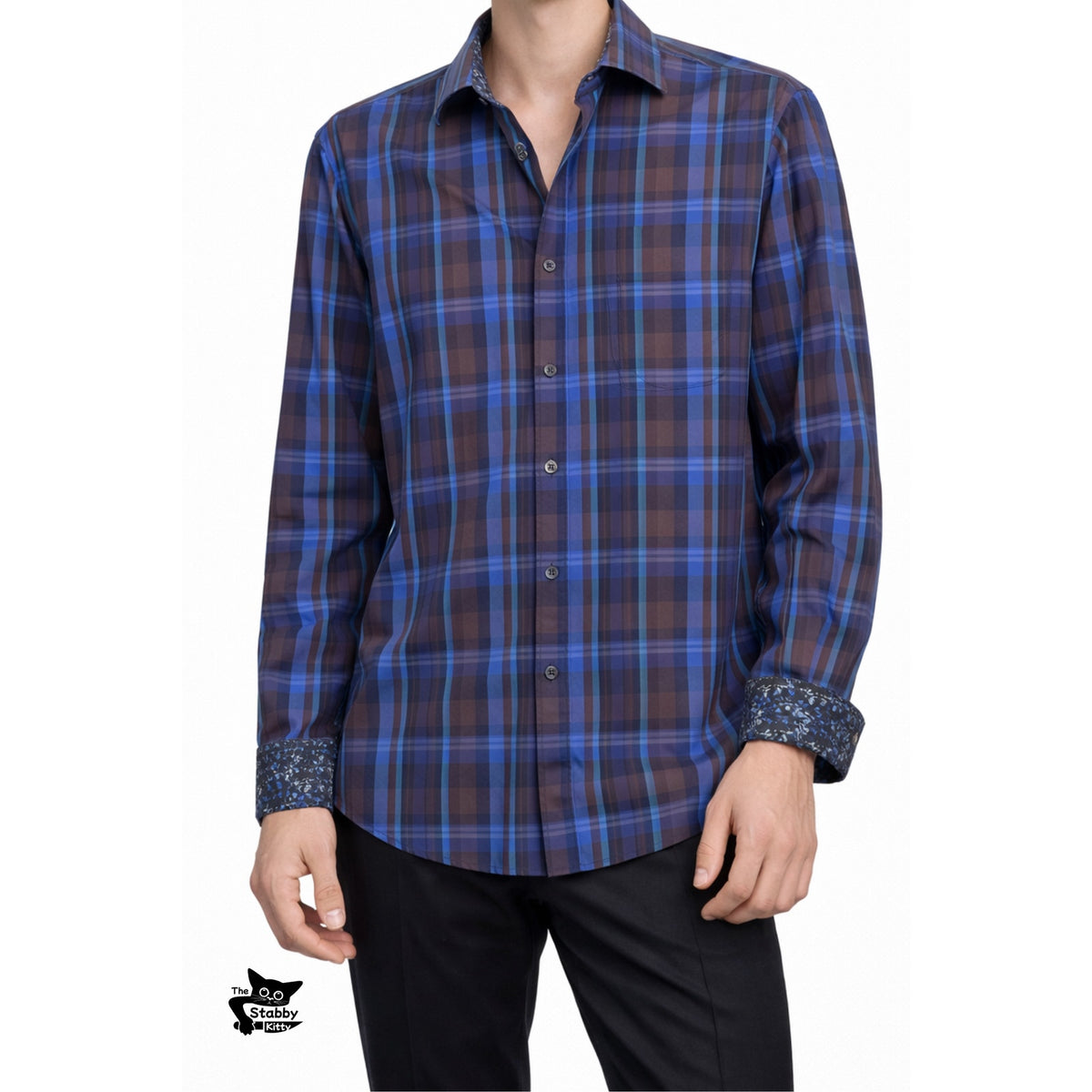 Bugatchi Plaid Button Front Shirt Blue Brown Gray Men’s L