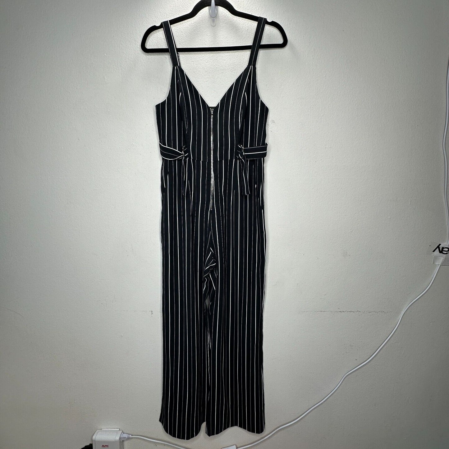 Dance & Marvel Black & White Pinstripe Cinched Sides Wide Leg Front Zip Jumpsuit