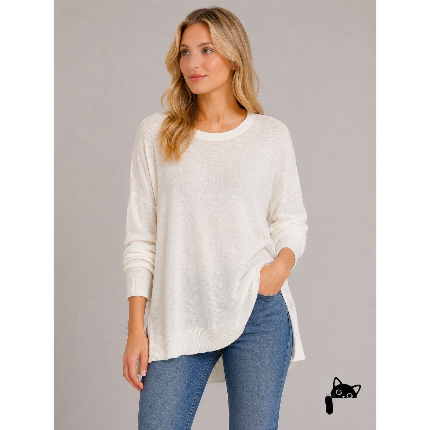 Pure Amici Ivory Round Neck Long Sleeve High Low Thin Sweater L