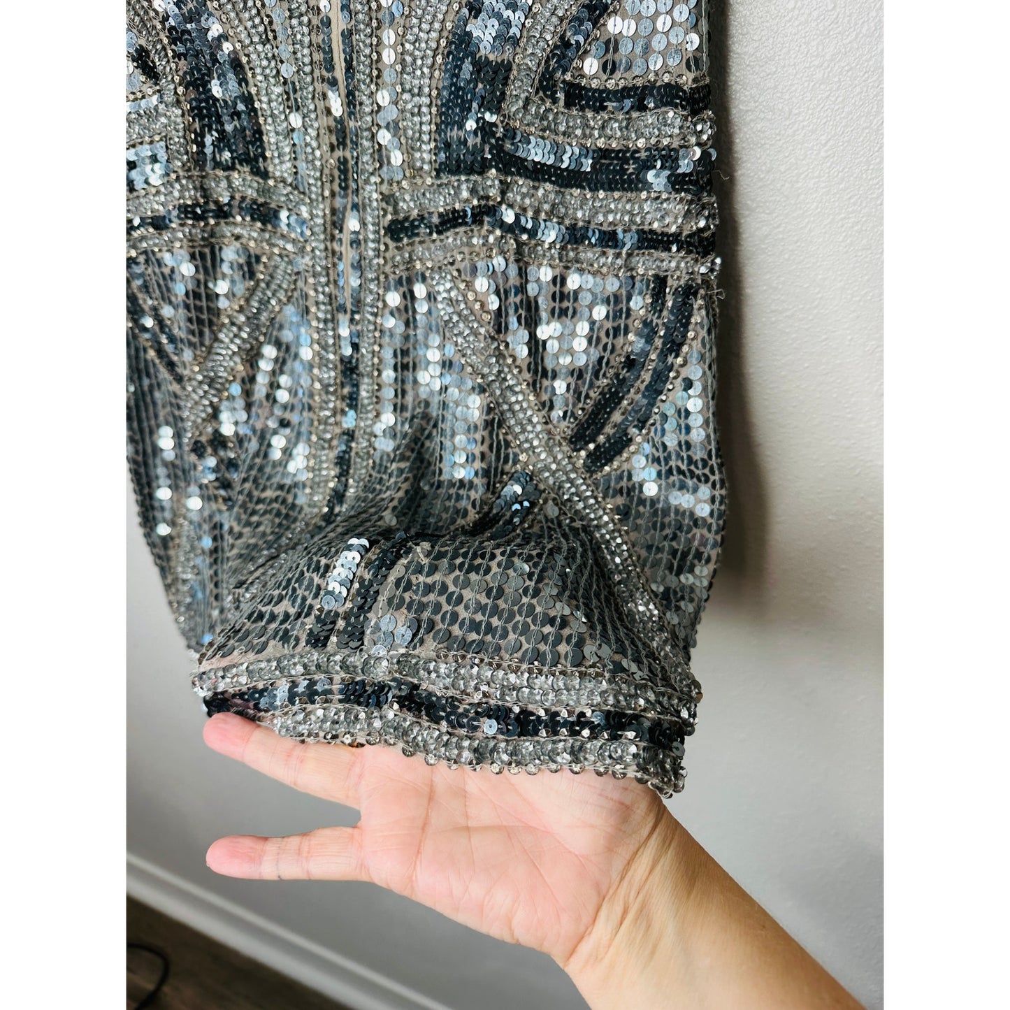 Parker Gray Silver & Rose Gold Sequin Aztec Print V-Neck Cap Sleeve Mini Dress S