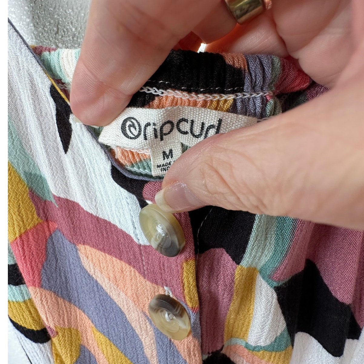 Rip Curl Black White Blue Abstract Tropical Print Button Front Swing Dress Boho M