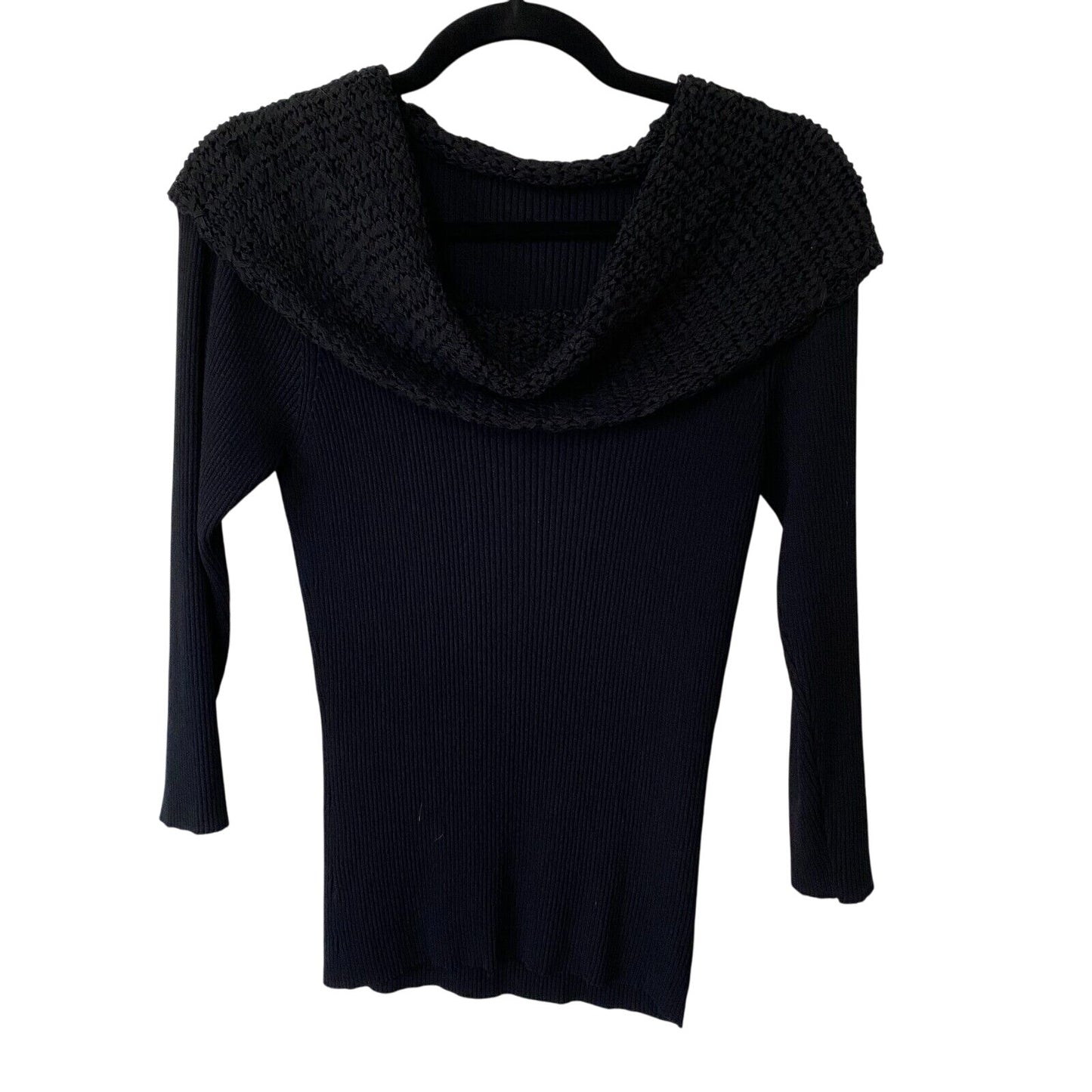 Black Long Sleeve Stretchy Blouse Shawl Cowel Crochet Wide Neckline Medium
