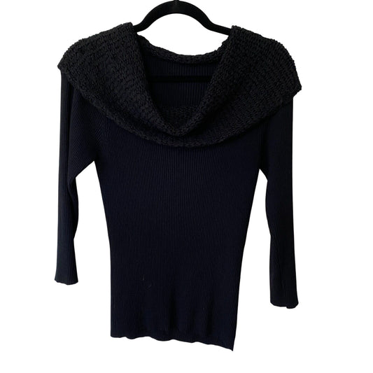 Black Long Sleeve Stretchy Blouse Shawl Cowel Crochet Wide Neckline Medium