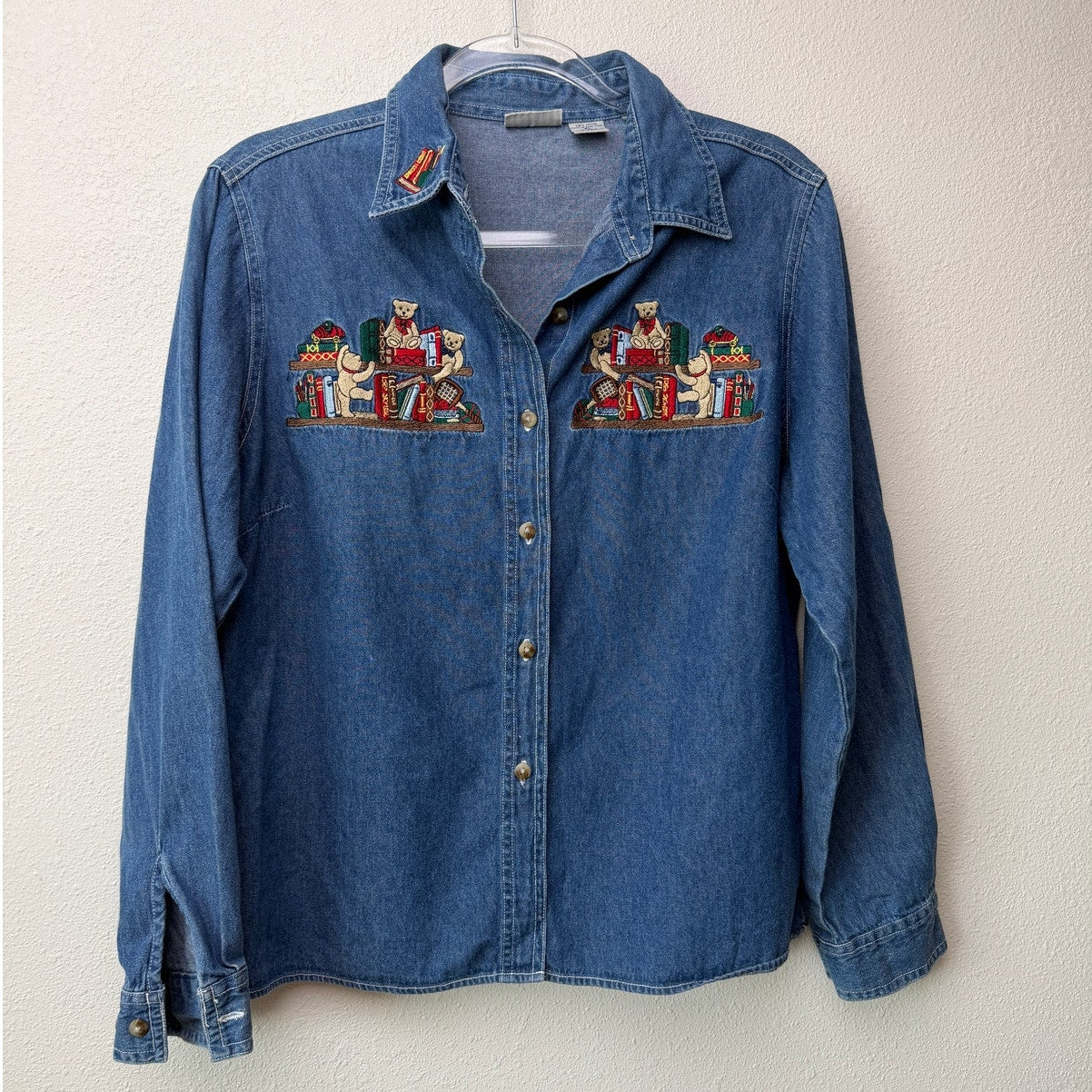 Vintage Cabin Creek Denim Shirt Embroidered Teddy Bears Books Women PL