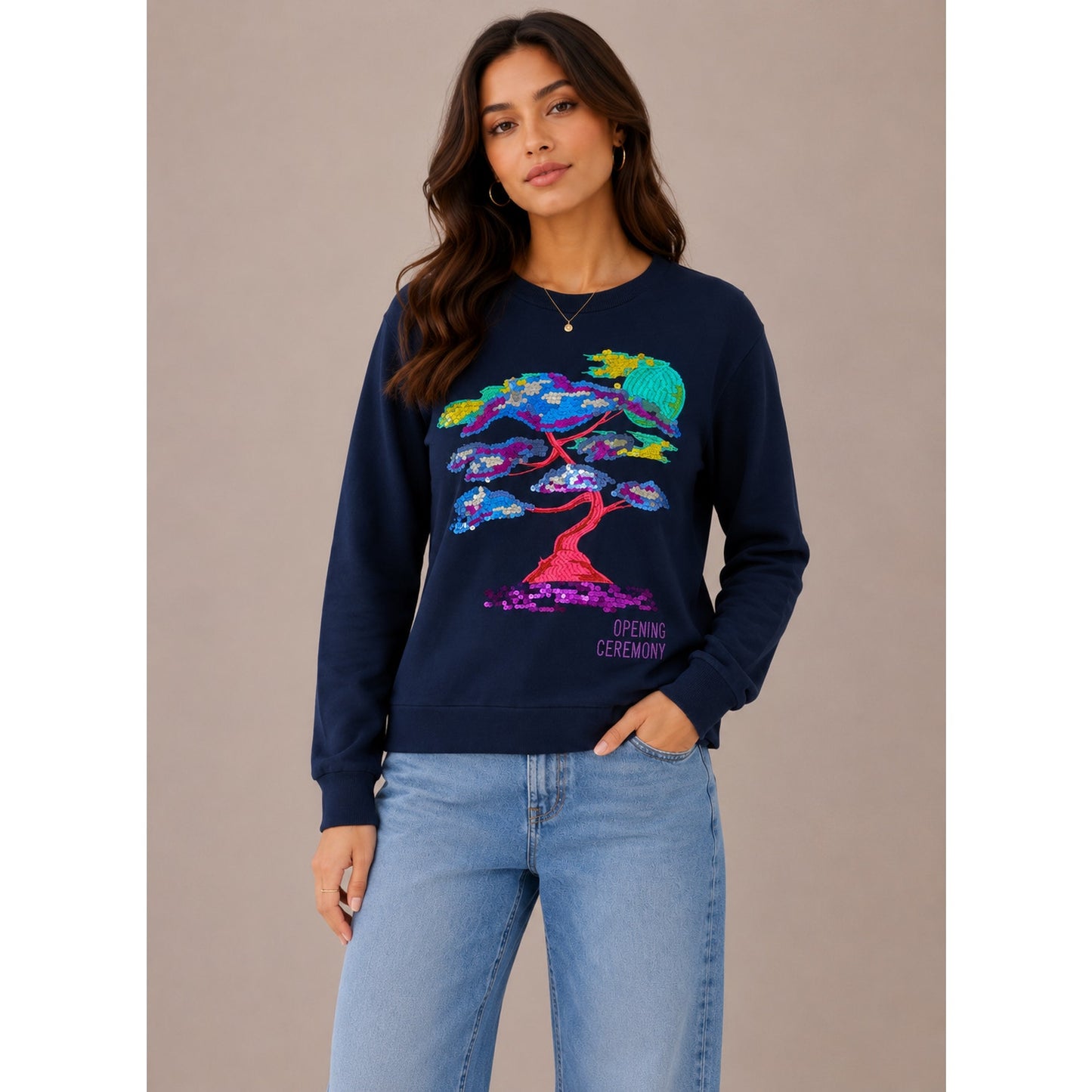 Opening Ceremony Navy Bonsai Multicolored Embroidered Long Sleeve Sweatshirt M