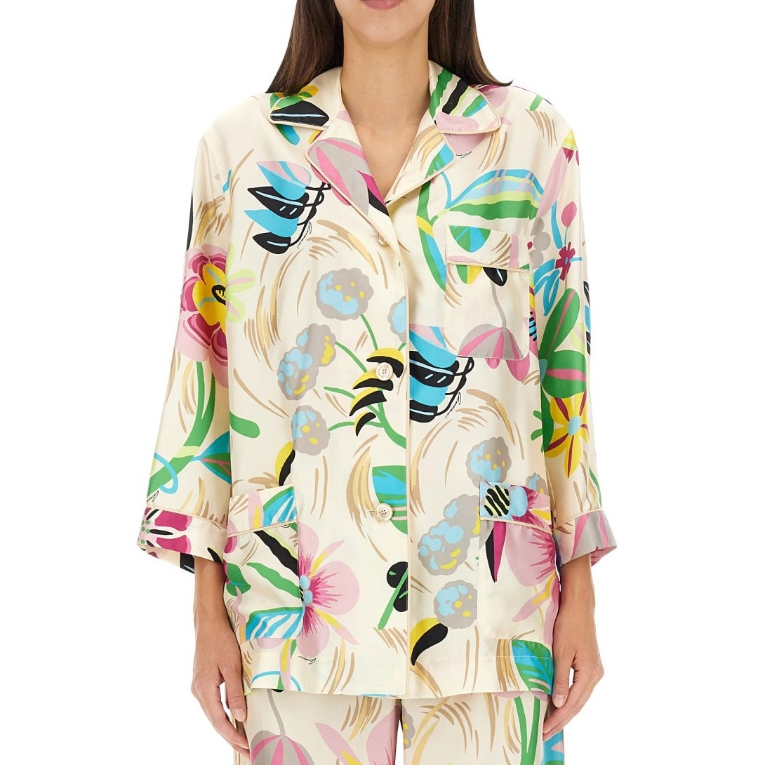 NWT Gucci Silk Tan Pink Blue Multi Floral Leaf Printed Blouse 46 / XL