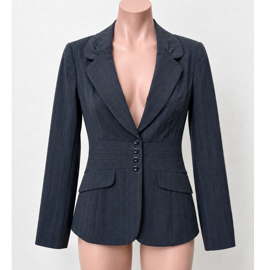 Classiques Navy Blue Pinstripe Fitted Peplum Waist 4-Button Wool Blazer 10