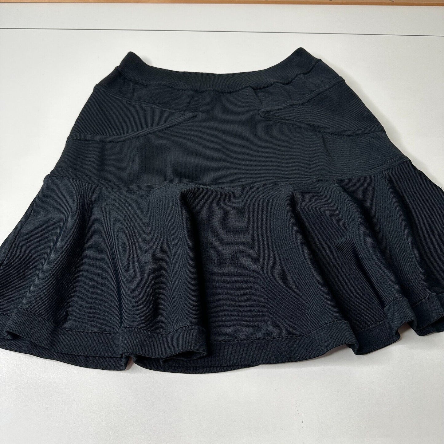 A.L.C. Jet Black A-Line Elastic Waist Knit Bandage Stretch Ruffle Flare Mini S