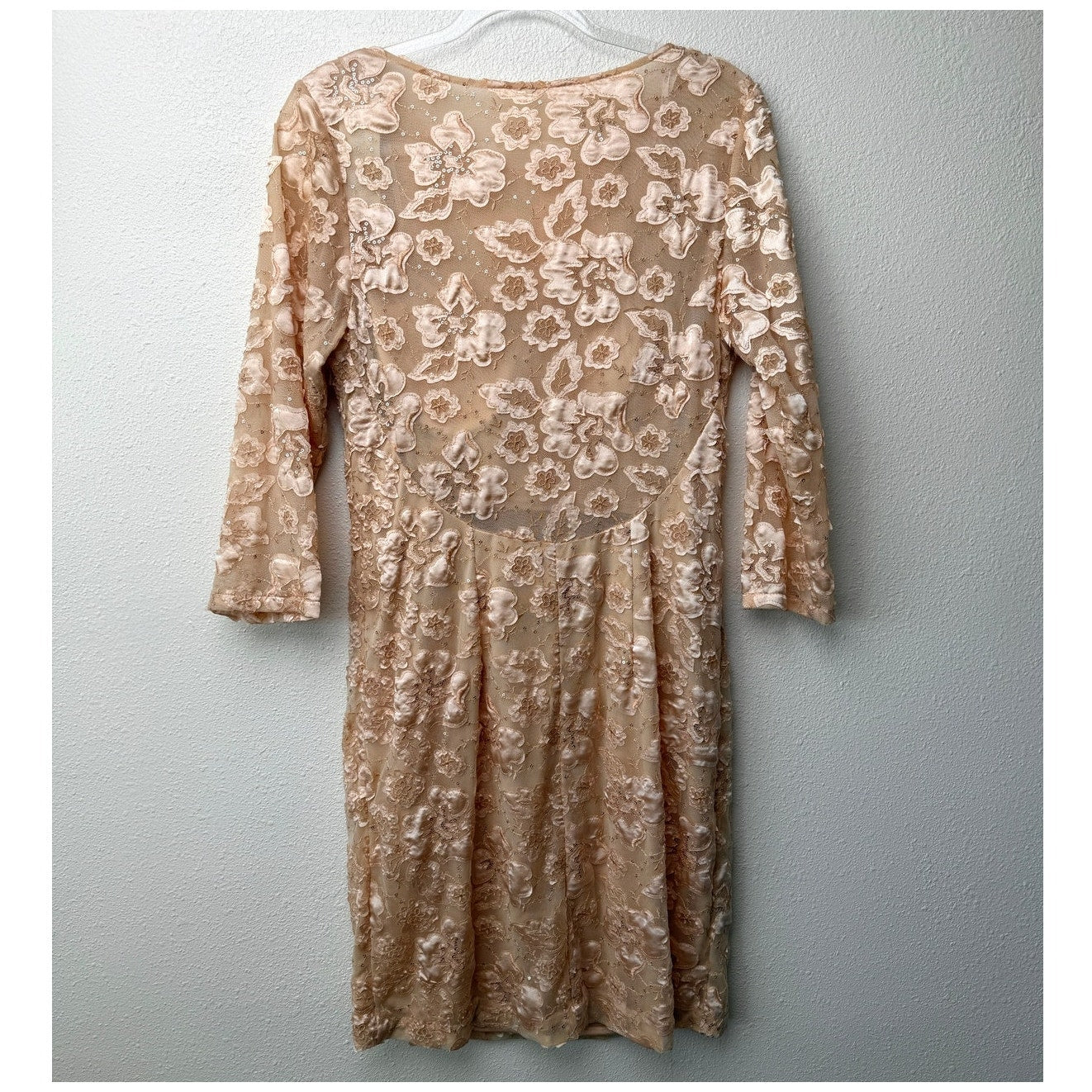 NWT Sue Wong Copper Lace Sheer Mesh Dress 3/4 Sleeve Floral Satin Size 14