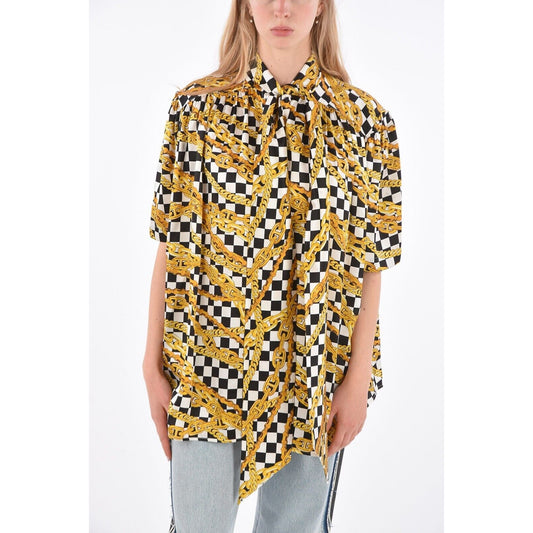 Balenciaga Black White Gold Checked Chain Print Short Sleeve Tie Neck Blouse 40