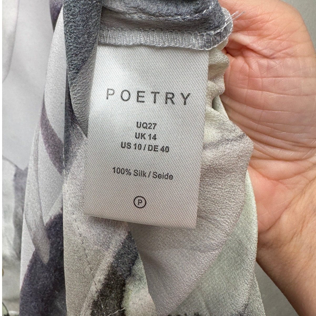 Poetry 100% Silk Blouse Gray Green Ivory Womens US 10 V Neck