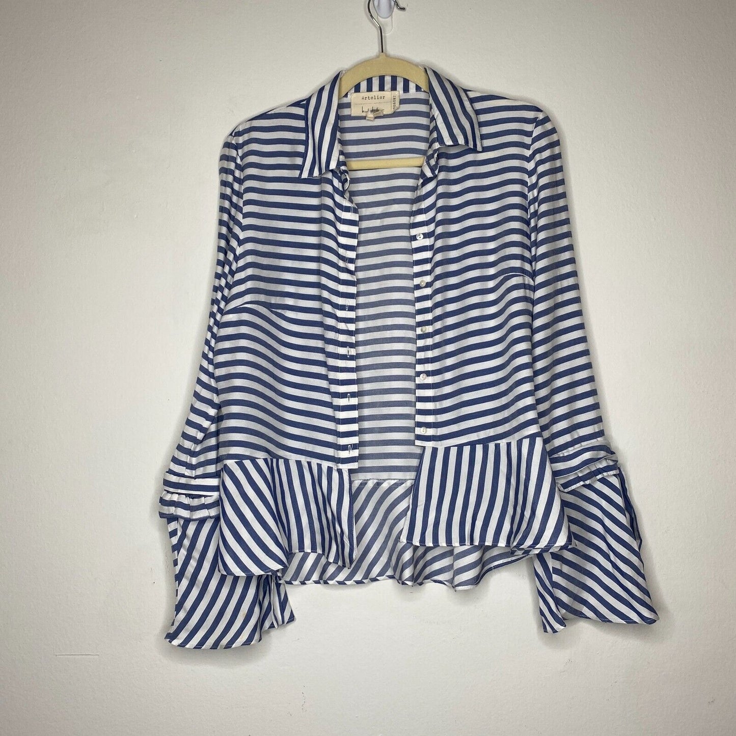 Artelier Blue and White Stripe Collar Button Down Bell Tie Sleeve Blouse XS