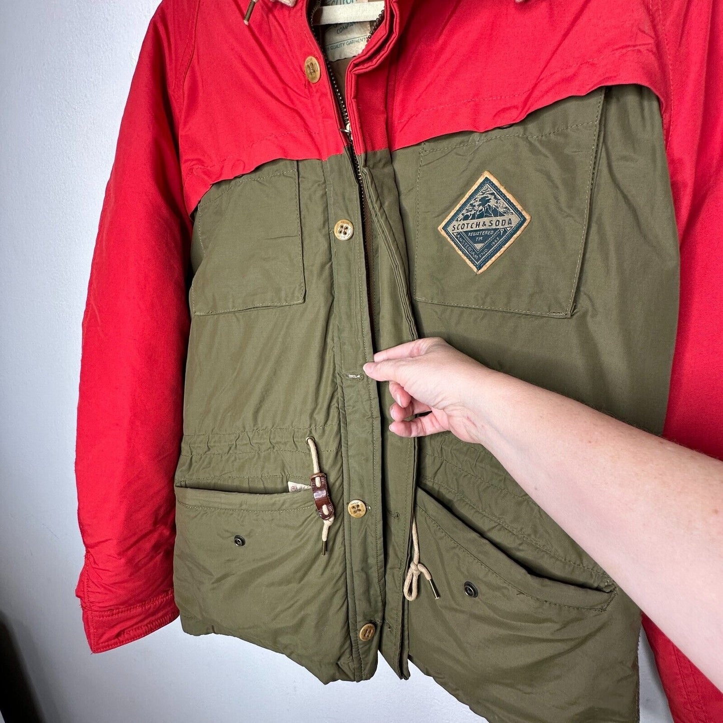 Scotch & Soda Olive Green & Red Front Zip Button Hooded Heavyweight Jacket M