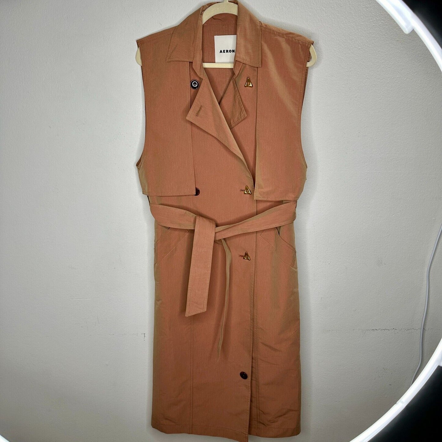 Aeron Delray Dusty Peach Iridescent Sleeveless Button Trench Coat Welt Pockets