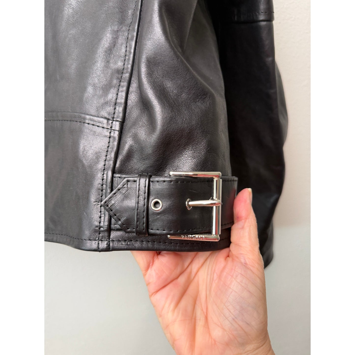 Versace Black Leather Moto Biker Jacket Men L