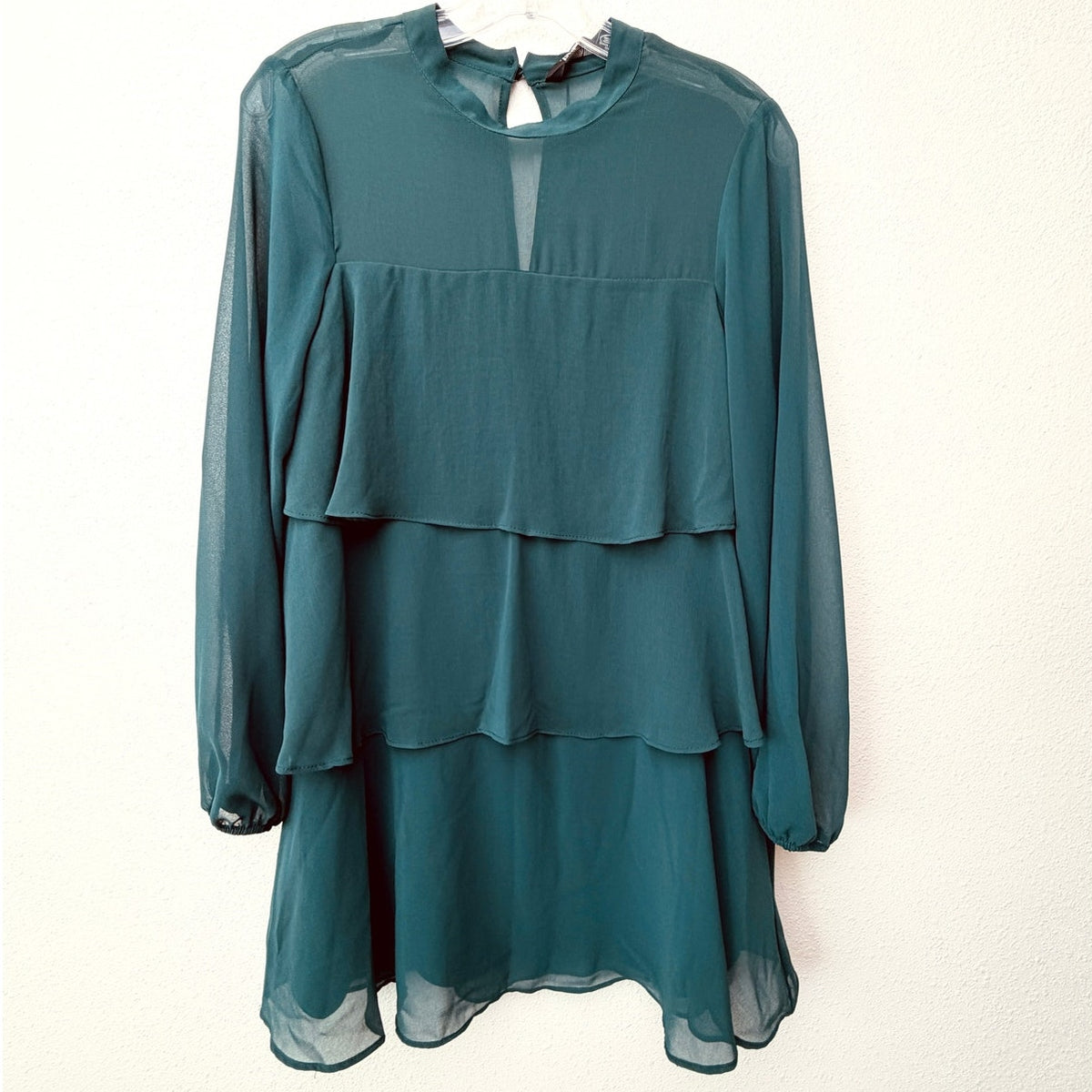 NWT Zara Green Chiffon Tiered Ruffle Long Sleeve Mini Dress Women's US S