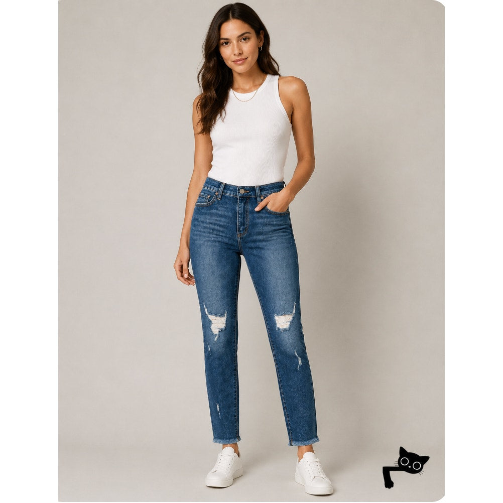 Fashion Nova Smiley High-Rise Distress Knees Jean Medium Blue Wash Raw Hem 7