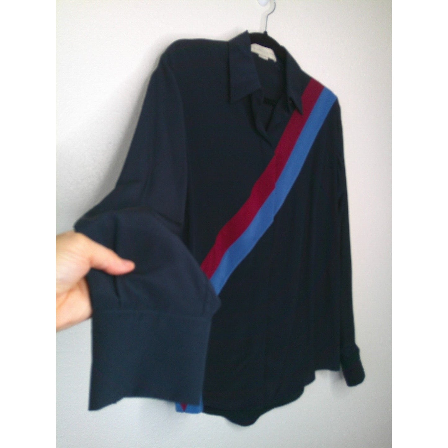 Stella McCartney Silk Black Blue & Red Diagonal Stripe Front Button Blouse Top