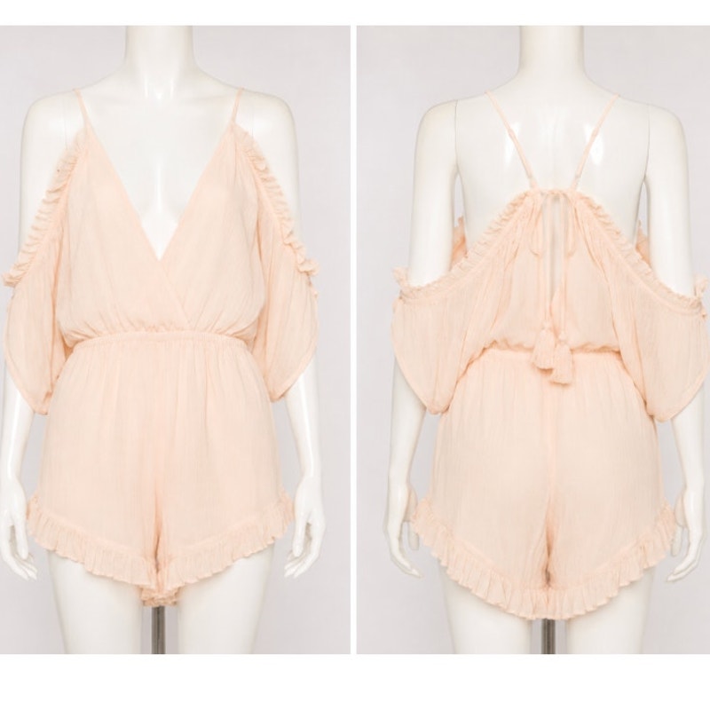 Lovers + Friends Cute Peach Malia Ruffle Cold Shoulder Deep-V Open Back Romper L
