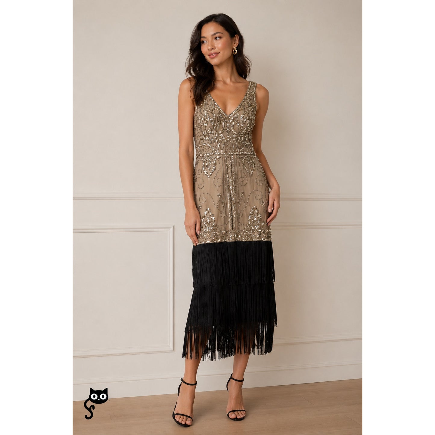 NWT Sue Wong Beaded Gold Mesh Top Black Fringe Bottom Evening Dress 8