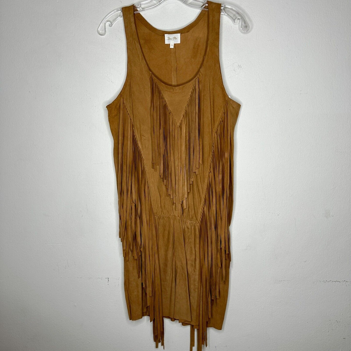 Belair Calvi Camel-Tan Goat Suede Sleeveless Fringed Scoop Neck Mini Dress T2
