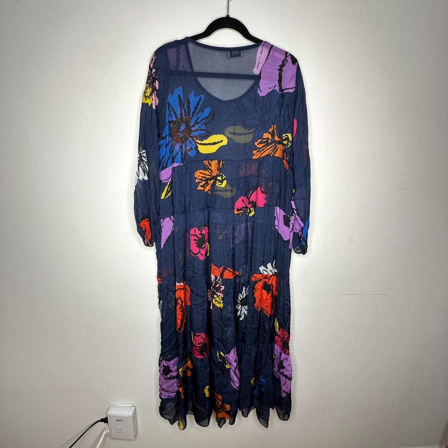 Kate by Laltramoda Sheer Navy Multi Floral Boho Midi Dress 3/4 Sleeve Large