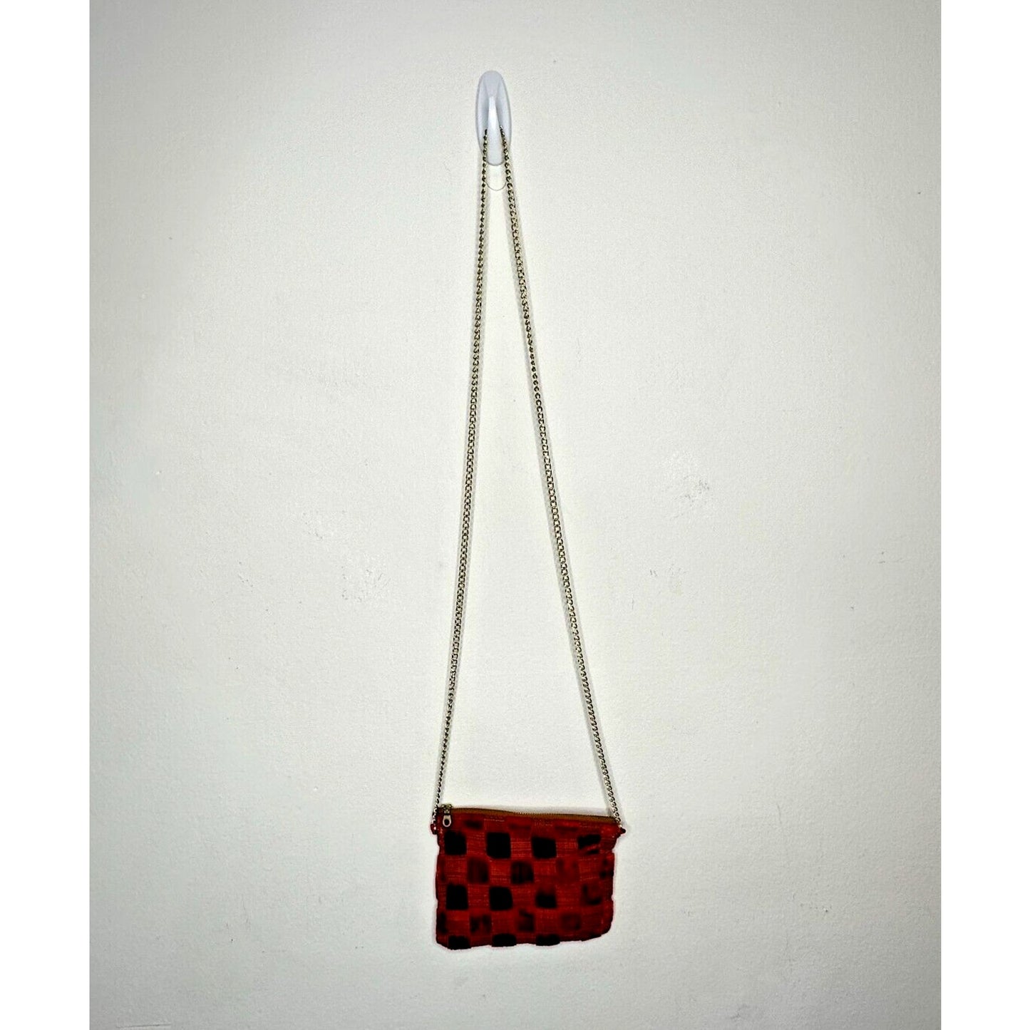 Rust Orange Velvet Checked Gold Chain Strap Zipper Top Slim Mini Purse
