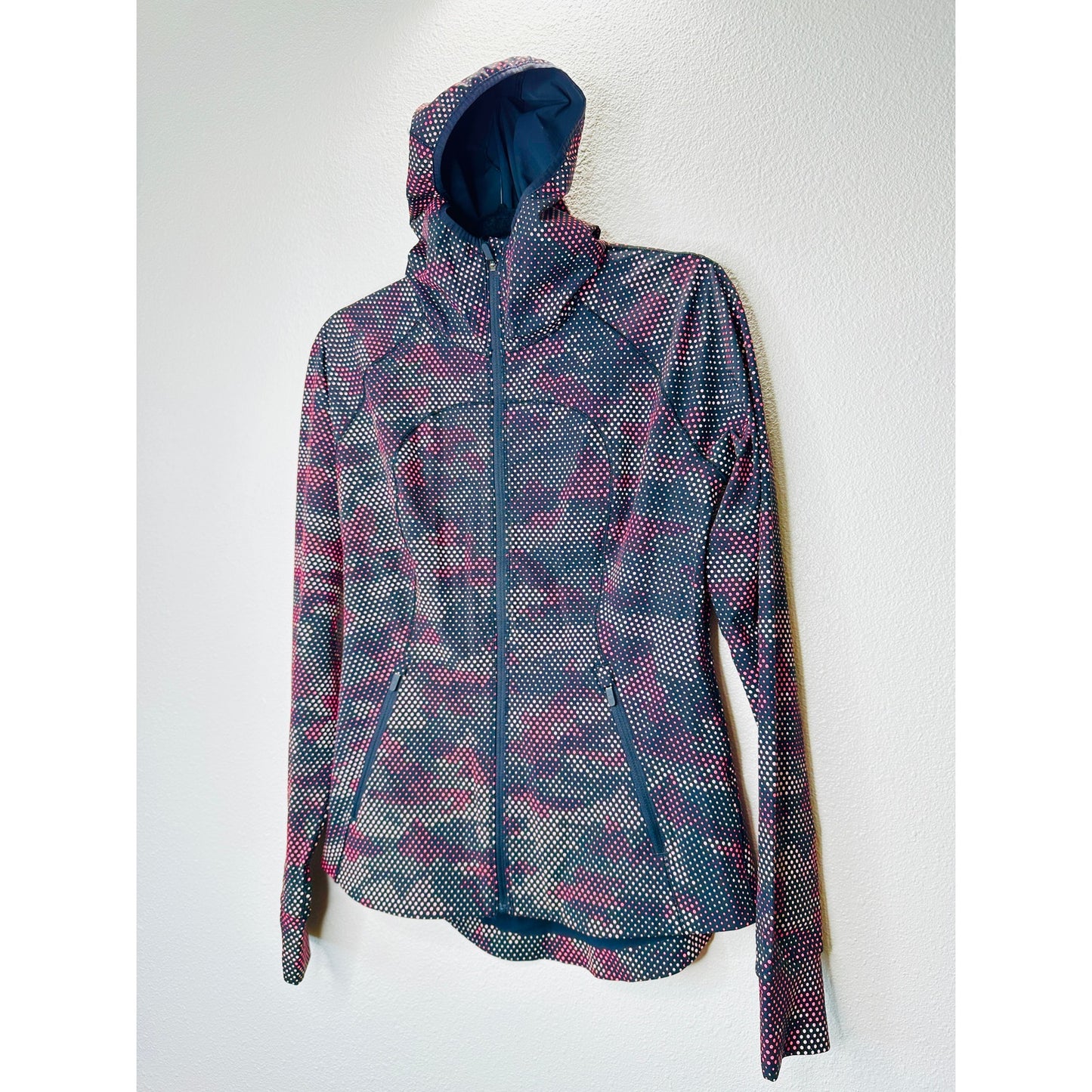 Lululemon Black Red Cream Polka Dot Camo Hooded Zip Front Jacket 6