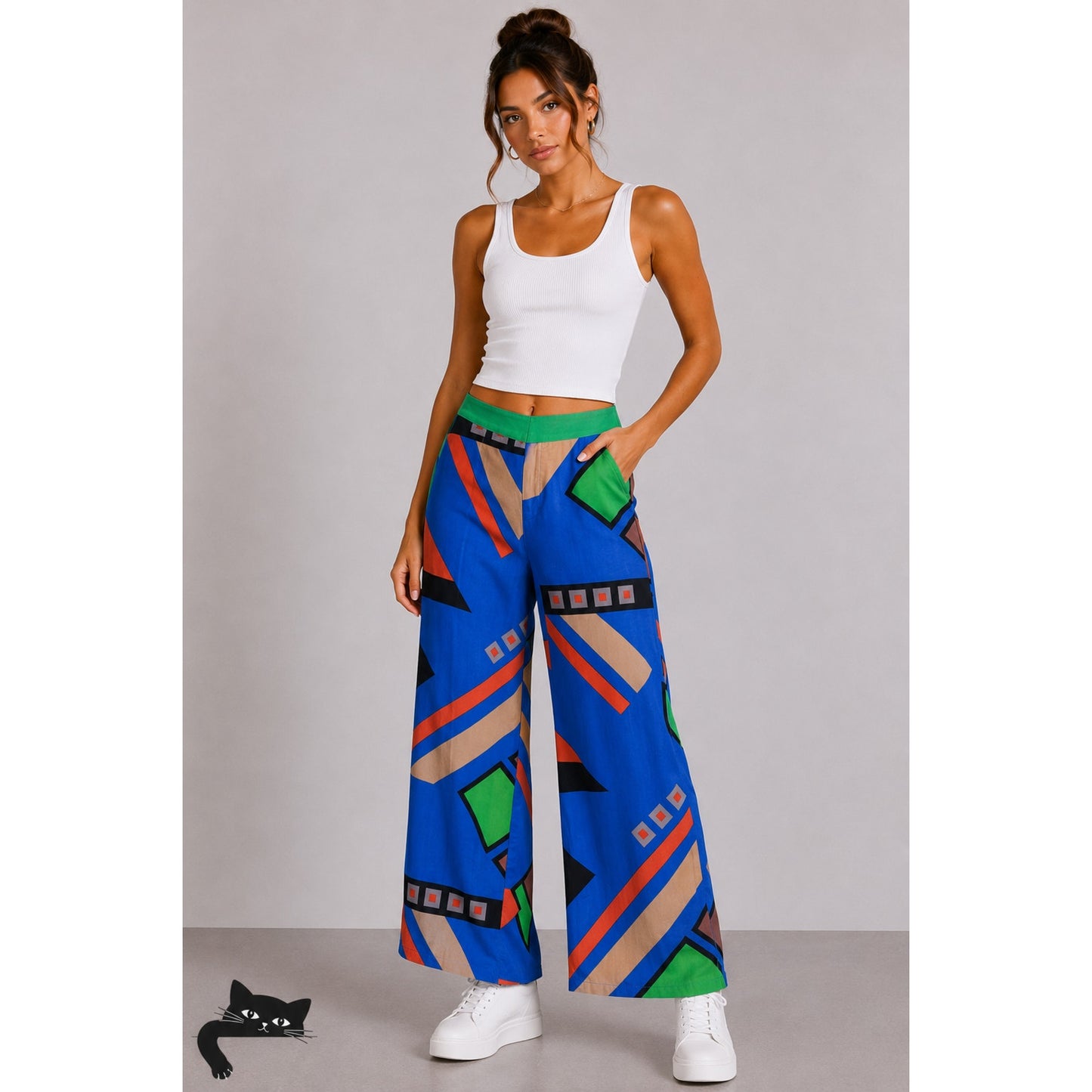 Jealous Tomato Bright Blue Green & Tan Abstract Design Palazzo Pants Front Zip M