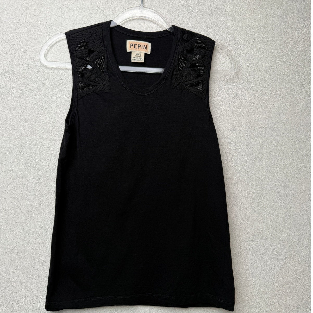 Pepin Black Beaded Shoulder Sleeveless Scoop Neck Top XS