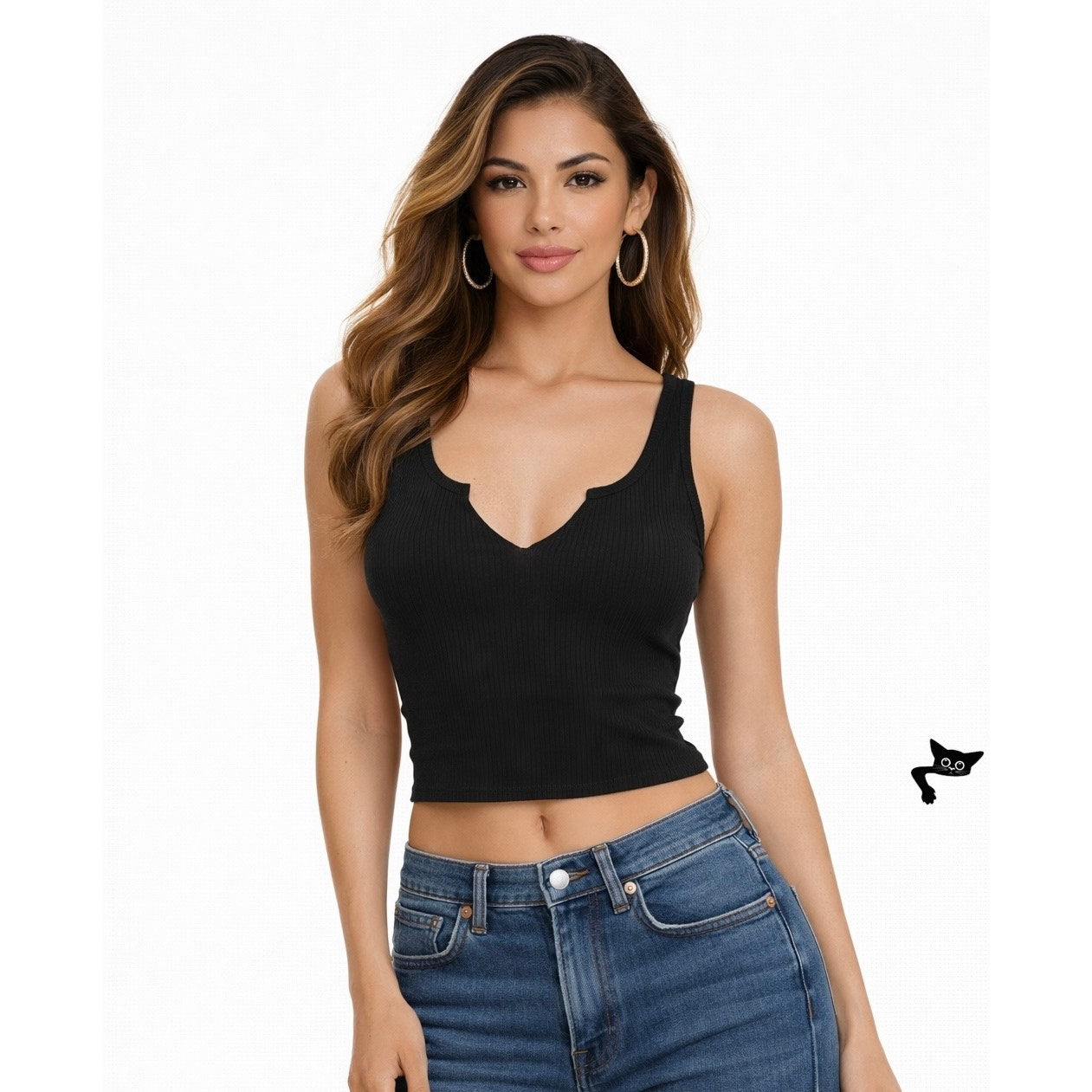 Year of Ours Black Ribbed V Neck Crop Tank Top Small