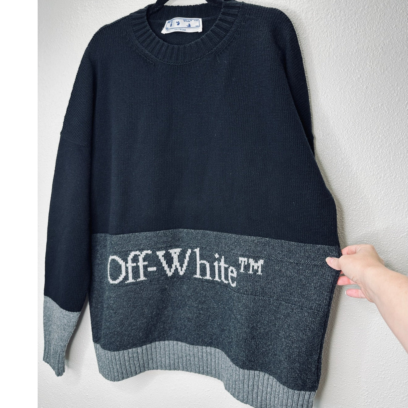 Off White Wool Black & Gray Colorblock Crew Neck Sweater Jumper XL