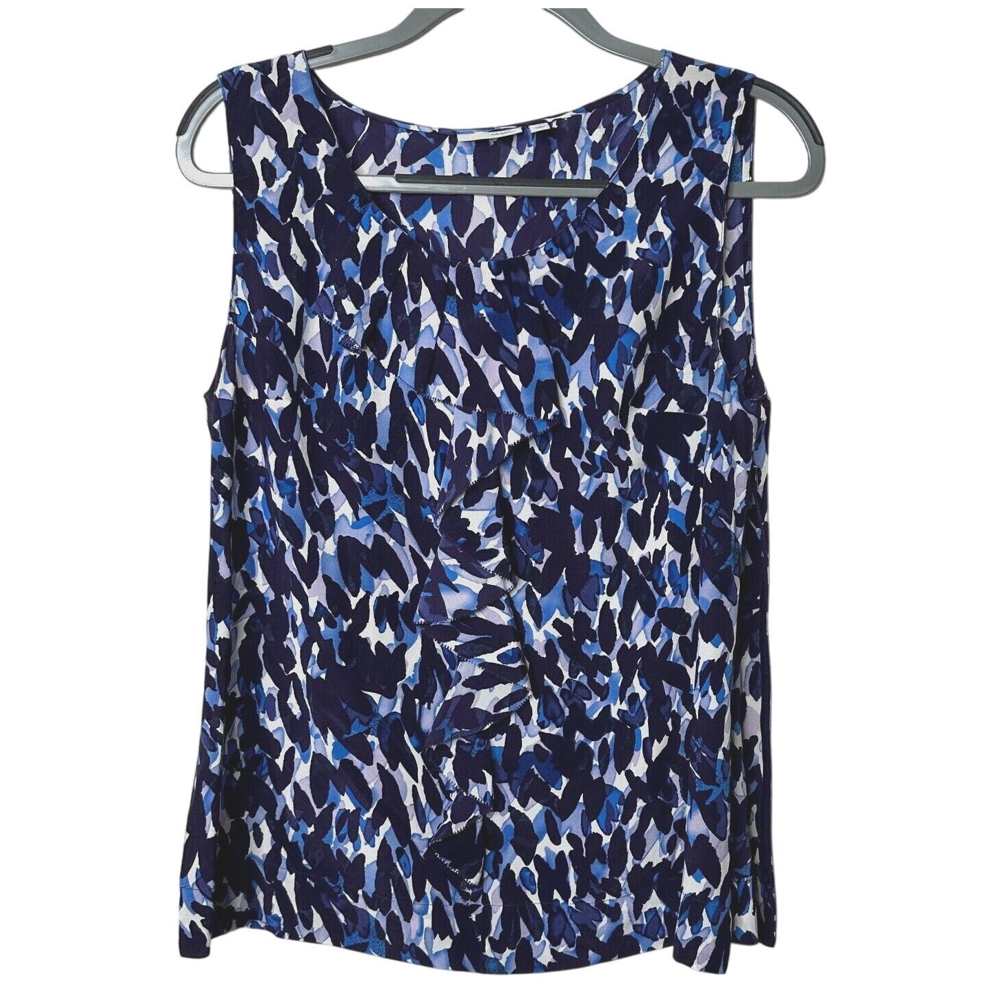 Halogen Flowy 100% Silk Blue White Abstract Sleeveless Scoop Neck Blouse Medium