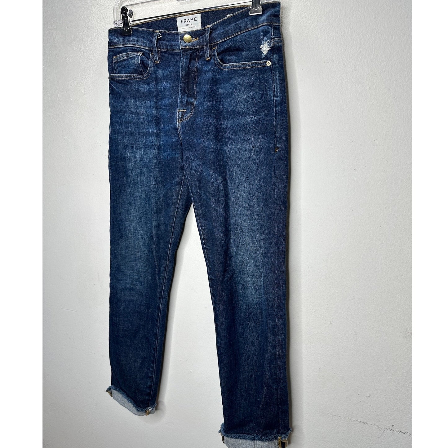 Frame Le Boy Dark Wash Pondview Raw Hem Denim Jeans 27