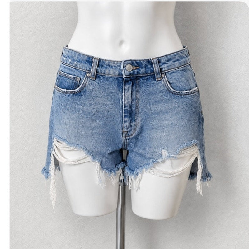 Zara High Waist Medium Wash Extreme Distressing Raw Hem Denim Jean Shorts 4