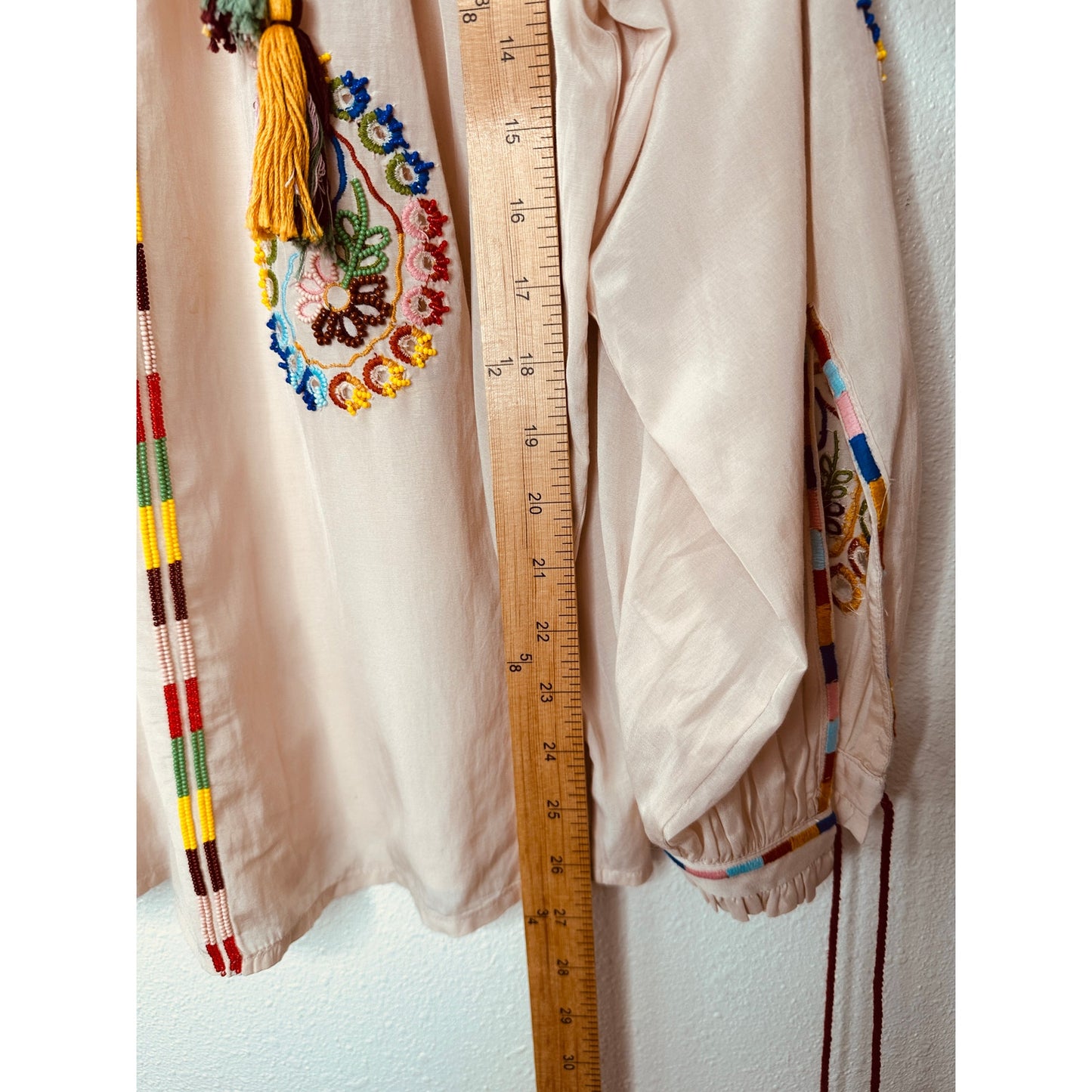 Fortela Ghodsi Tan Multicolor Beade Embroider Print Peasant Blouse 40