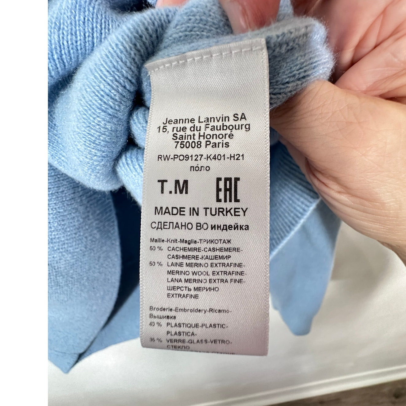 Lanvin Girls Pearl Logo Cashmere Sweater Baby Blue Size 12