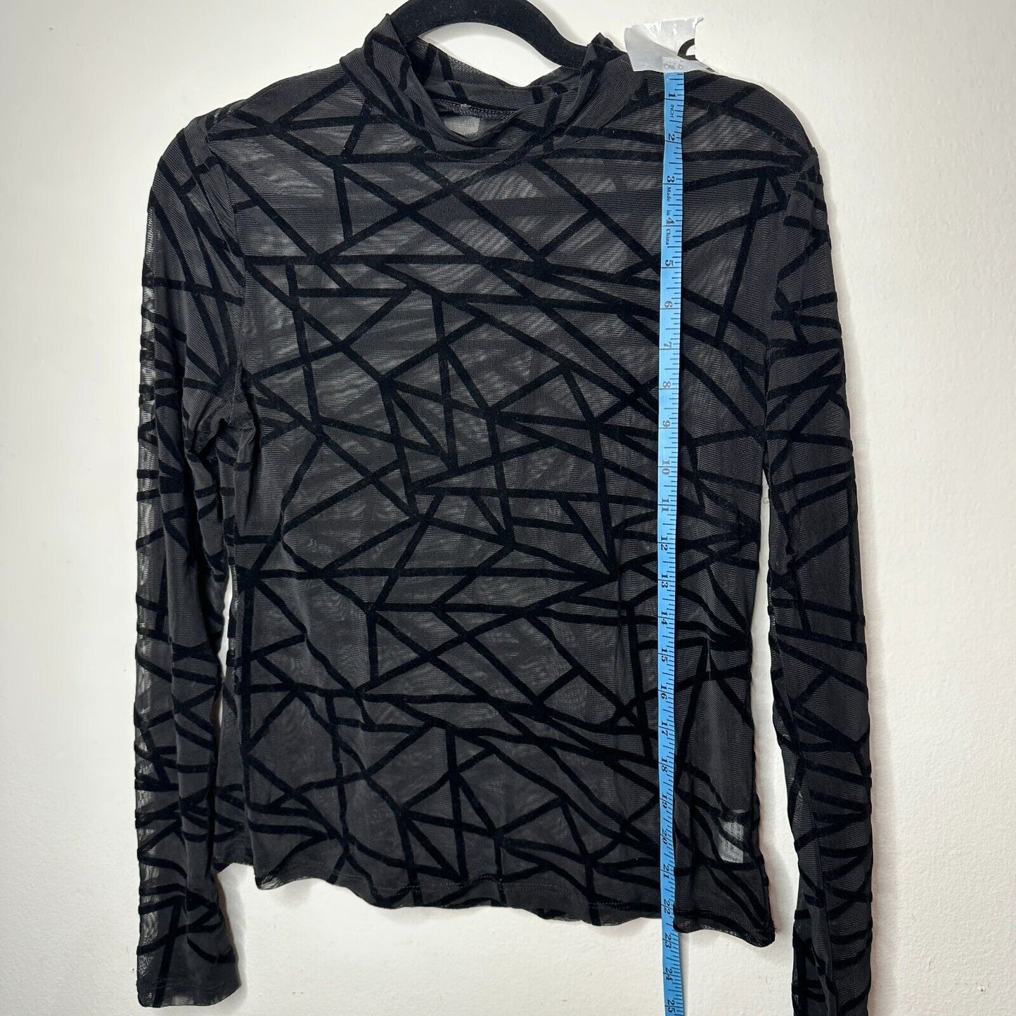 Jet Black Geometric Stripe Sheer Mesh Long Sleeve Mock Neck Stretch Blouse M