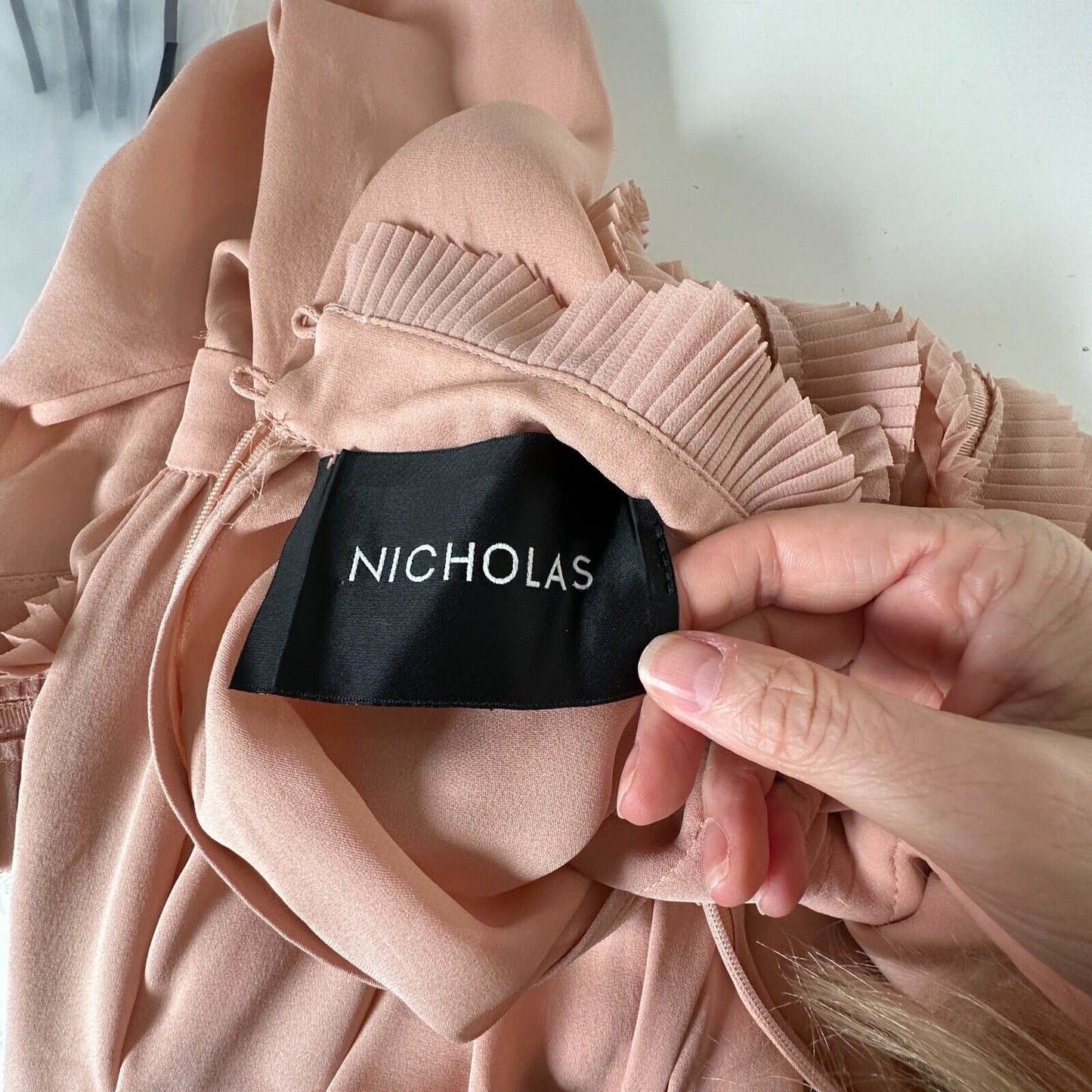 Nicholas Peachy Pink Fine Pleat Silk Long Sleeve Mini Ruffles High Neck Dress 0