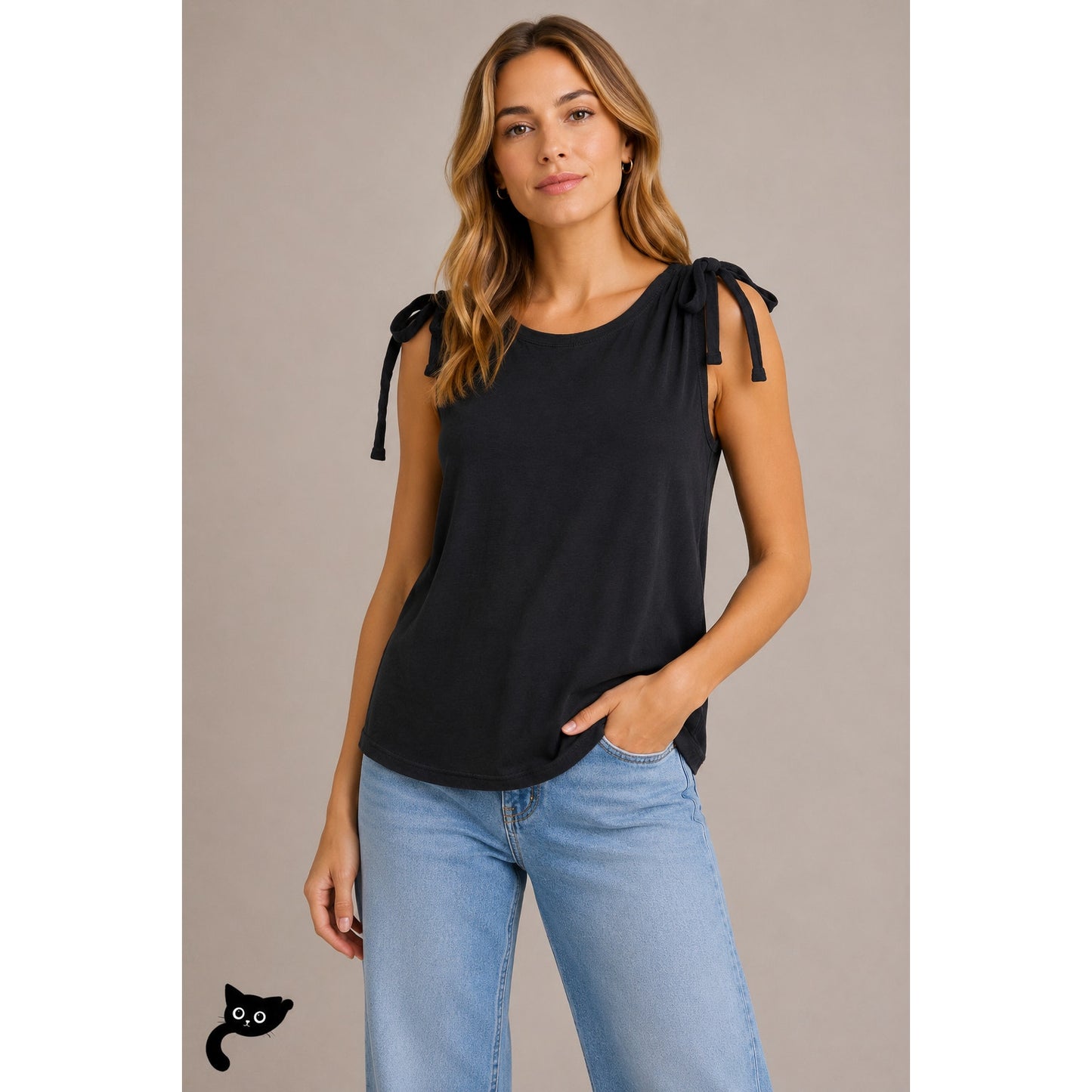 Nation Ltd Black Ruched Shoulder Tie Sleeveless Tank Top S