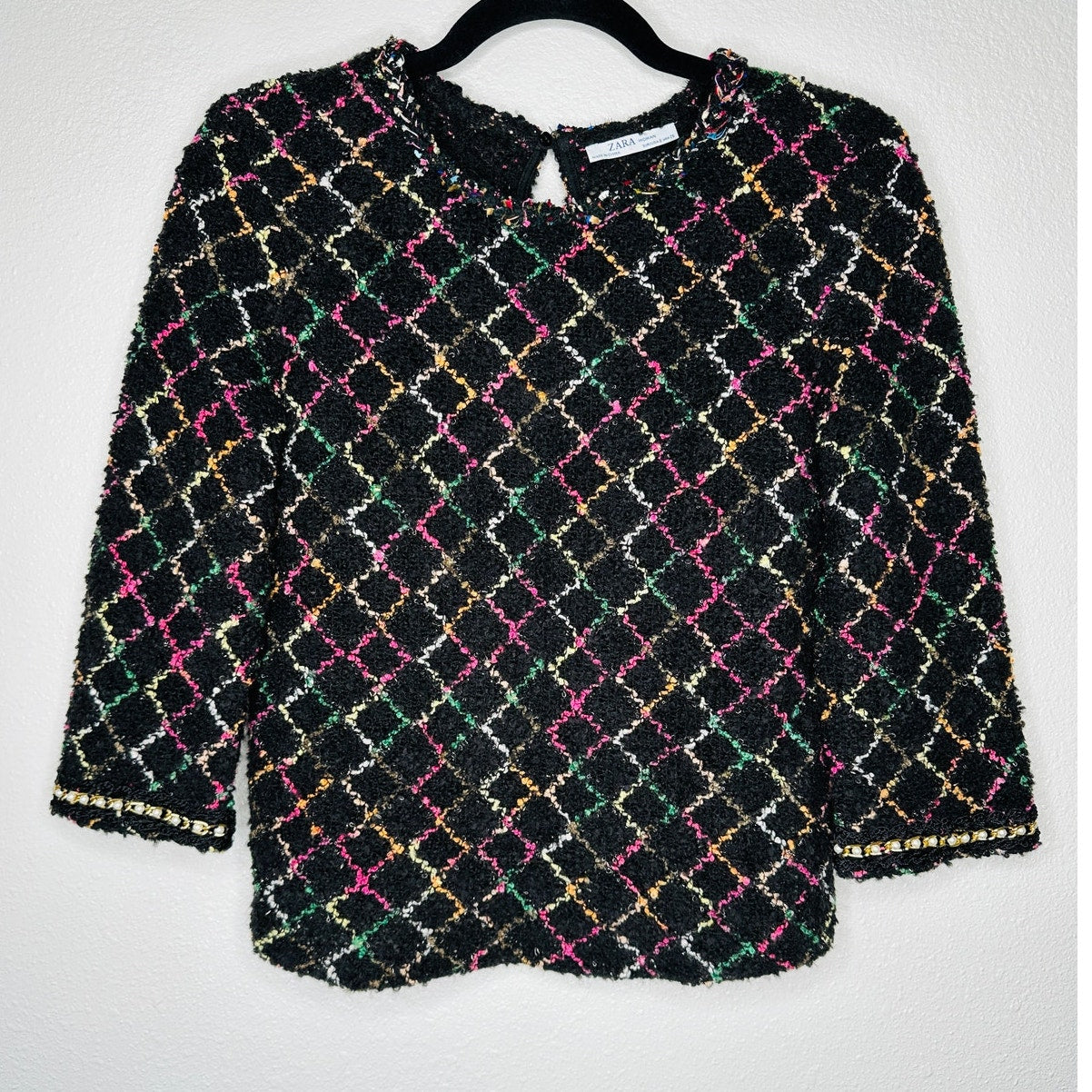 Zara Black Multicolor Boucle Knit Sweater with Pearl Detail on Sleeves Top S